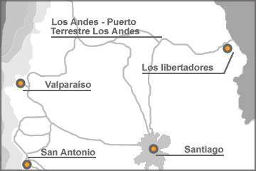 Los Andes, ciudad en la que se encuentra ubicada la Agencia de Aduana Pirazzoli. Hacia la izquierda los puertos de Valparaíso y San Antonio. A la derecha el Paso Los Libertadores. Abajo, Santiago.